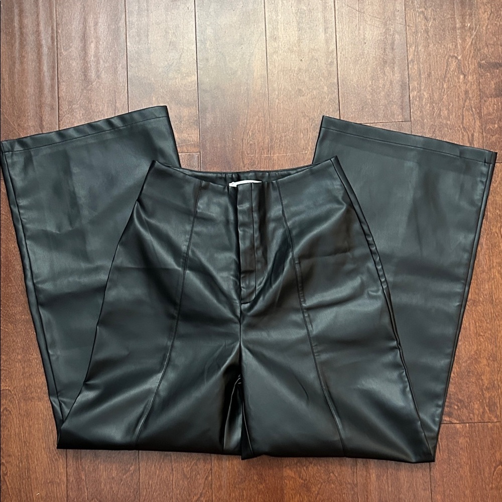 Commense Black Faux Leather Wide Leg High Waist Women's Pants